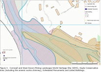 Figure 3.  Cornwall and West Devon Mining Landscape World Heritage Site (WHS), Hayle ConservationArea (including the arsenic works chimney), Scheduled Monuments and Listed Buildings.